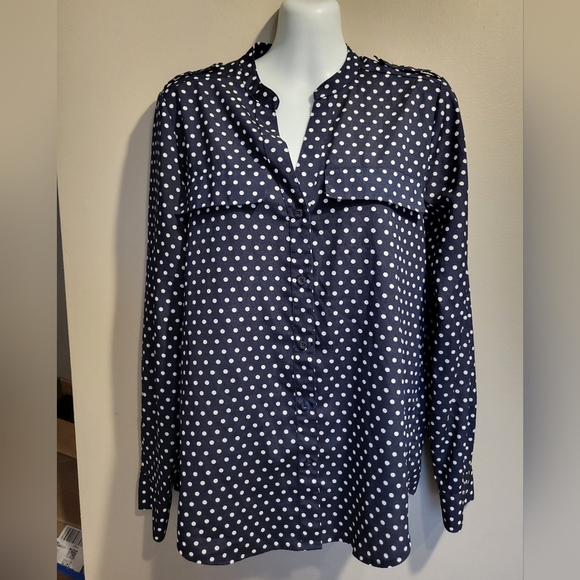 Calvin Klein Navy and White Polka Dot Blouse, Size XS - Picture 1 of 4